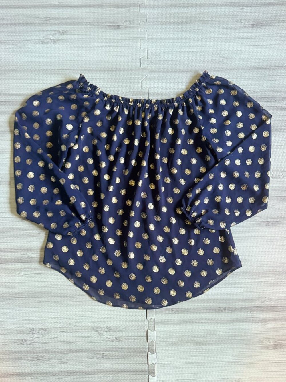 Joseph Ribkoff Women's Midnight Blue Gold Dot Ruffle Collar Long Sleeve Blouse